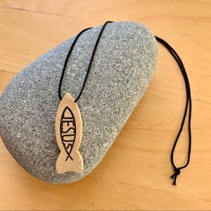 Wood Jesus fish necklace